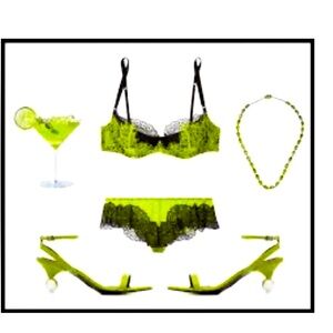 Kiki de Montparnasse stretch lace/silk electric green Bra & Panty set 34C/M NWT